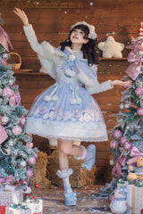 Blue [Snowball Wonderland] Print Merry Christmas Ruffle Bowknot Lace Sweet Lolita Jsk Dress - Blue - 1