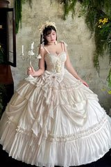 Apricot/Beige [Antique Bride] Sleeveless Multi-Layered Ruffled Bow Lace Sweet Elegant Gorgeous Full Skirt Lolita Jsk Dress - Product - 6