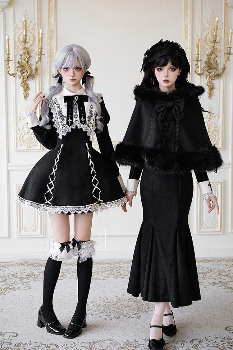 Black/White [Rose Doll] Square Collar Long Sleeves Bowknot Lace-Up Gothic Lolita Dress Set 2 Versions - Black/White - 1