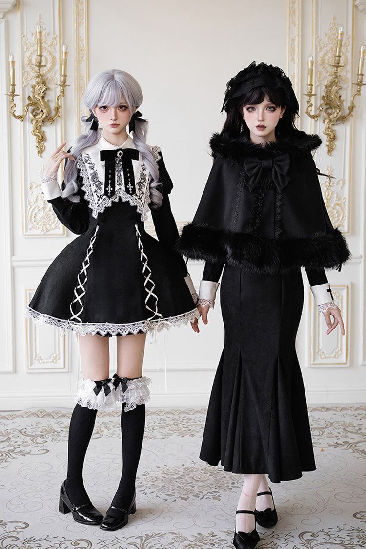 Black/White [Rose Doll] Square Collar Long Sleeves Bowknot Lace-Up Gothic Lolita Dress Set 2 Versions - Black/White - 1
