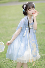 Blue Neckline Embroidered Lotus Print Sweet Lolita Dress Full Set - Product - 3