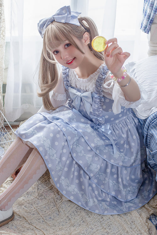 Polka Dot Print Sleeveless Bowknot Multi-Layer Ruffled High Waisted Sweet Lolita Tiered JSK Dress - Blue - 5