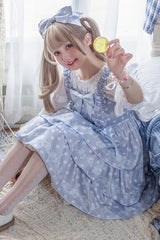 Polka Dot Print Sleeveless Bowknot Multi-Layer Ruffled High Waisted Sweet Lolita Tiered JSK Dress - Blue - 5