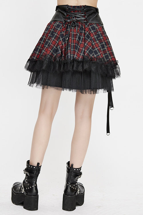 Black And Red Punk Lace Up Scottish Plaid Womens Skirts With Bag - Product - 3