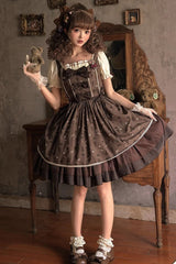 Brown Moro Coco [Hot Air Balloon] Print Ruffle Bowknot Sweet Elegant Princess Lolita Dress - Brown - 1