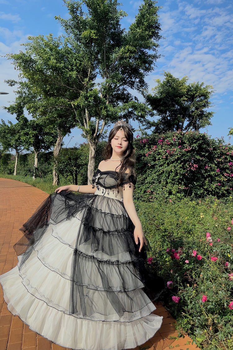 Black/White Ruffle Hanayome Lace Lace-Up Gothic Plus Size Lolita Jsk Dress (Long Version) - Product - 7