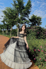 Black/White Ruffle Hanayome Lace Lace-Up Gothic Plus Size Lolita Jsk Dress (Long Version) - Product - 7
