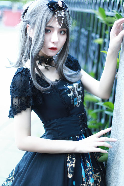 Black God's Salvation Square Collar Short Sleeves Lace Ruffled Gothic Lolita OP Dress - Product - 5
