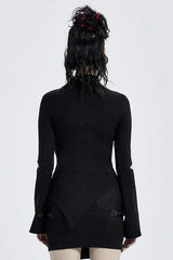 Black Gothic Stretch Knitted Fabric Spliced Geometric Mesh Design Women's Long Sleeve T-Shirt - Product - 3