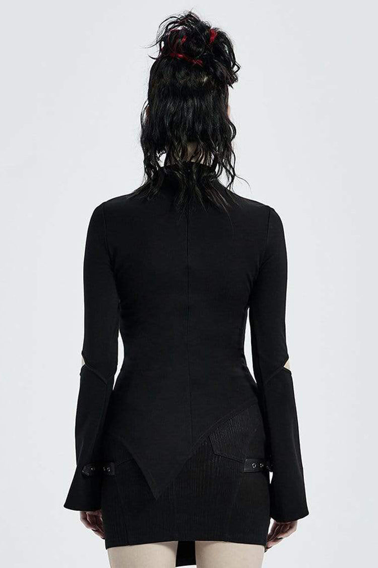 Black Gothic Stretch Knitted Fabric Spliced Geometric Mesh Design Women's Long Sleeve T-Shirt - Product - 3