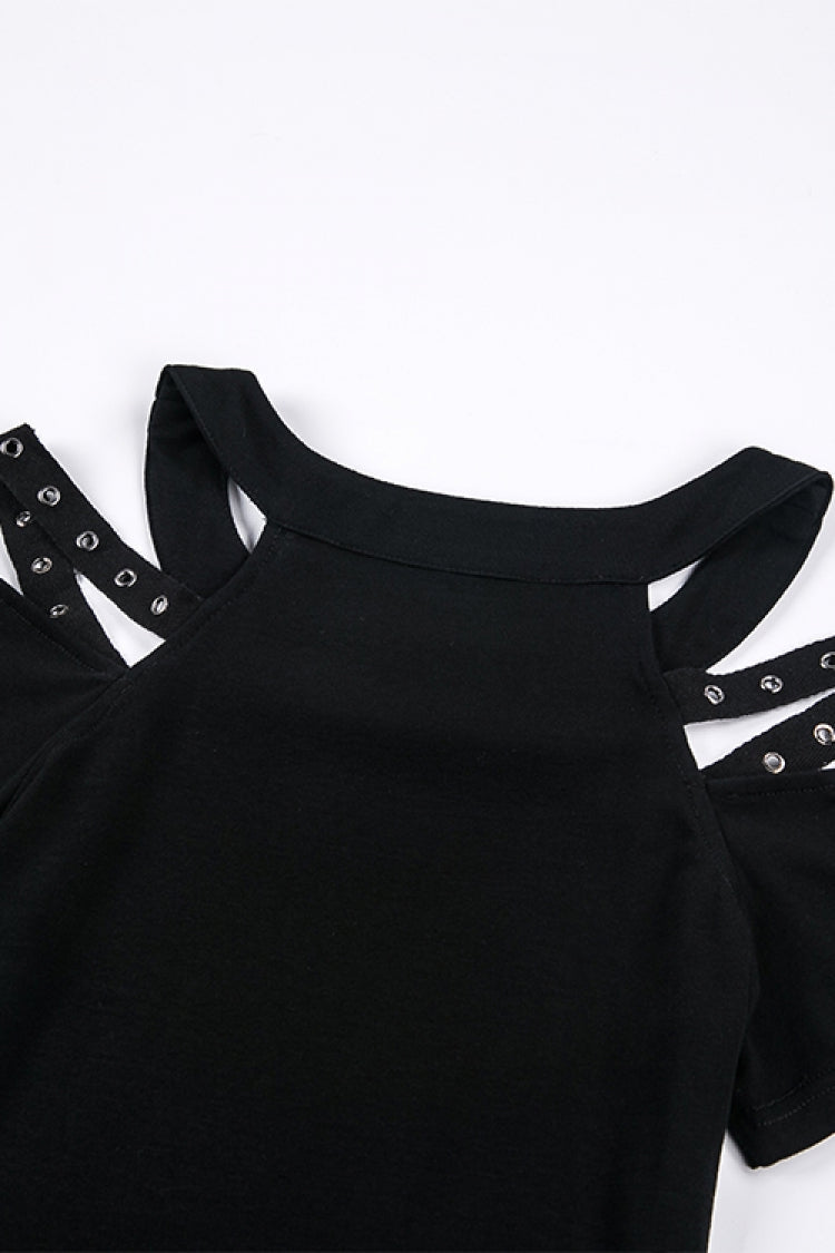 Black Off Shoulder Straps Short Sleeves Cut-Out Women's T-Shirt - Product - 16