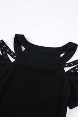 Black Off Shoulder Straps Short Sleeves Cut-Out Women's T-Shirt - Product - 16