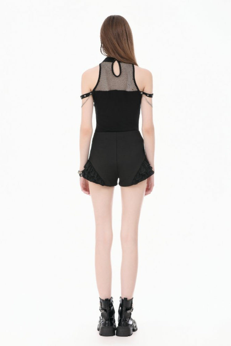 Black High Waisted Ruffled Lace Patchwork Buckled Straps Cross Zippered Women's Punk Shorts - Product - 4