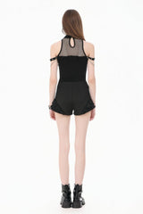 Black High Waisted Ruffled Lace Patchwork Buckled Straps Cross Zippered Women's Punk Shorts - Product - 4
