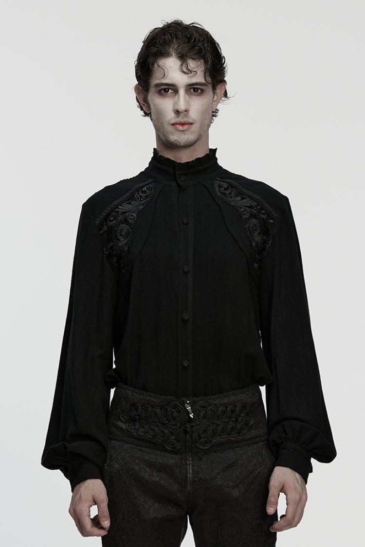 Black Stand Collar Long Lantern Sleeves Floral Jacquard Men's Gothic Blouse - Black - 1