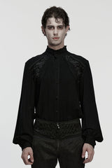 Black Stand Collar Long Lantern Sleeves Floral Jacquard Men's Gothic Blouse - Black - 1