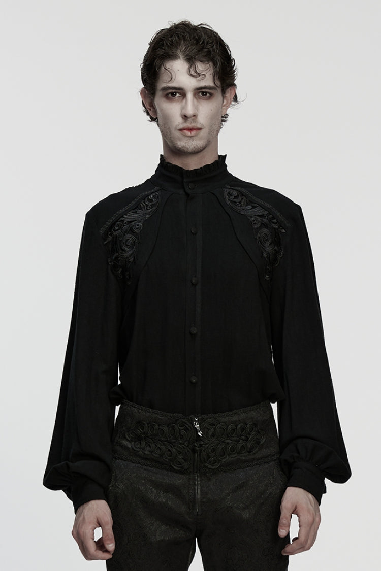 Black Stand Collar Long Lantern Sleeves Floral Jacquard Men's Gothic Blouse - Black - 1