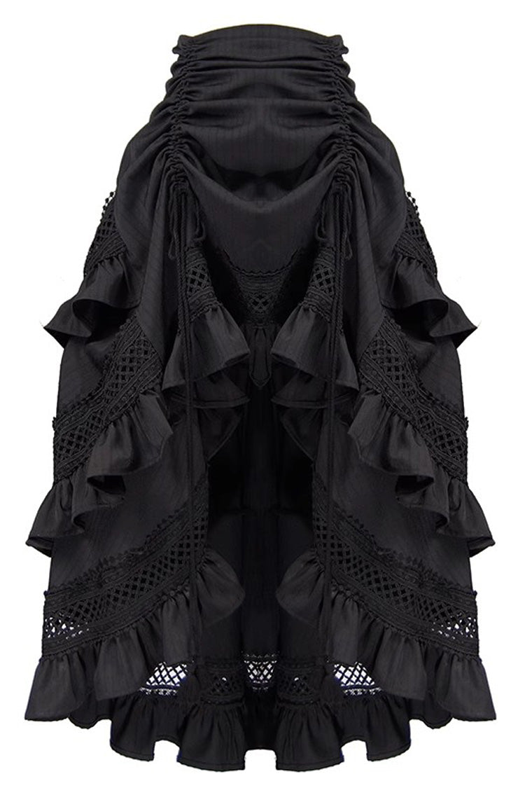 Black Multi-layer Ruffle Hollow Tassel Drawstring Gothic Punk Long Skirt - Product - 2