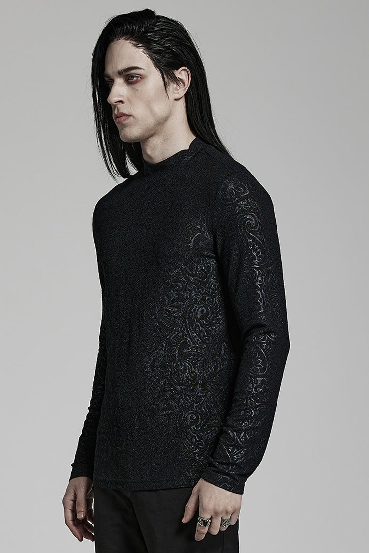 Black Long Sleeves Print Slim Men's Gothic Blouse - Product - 2