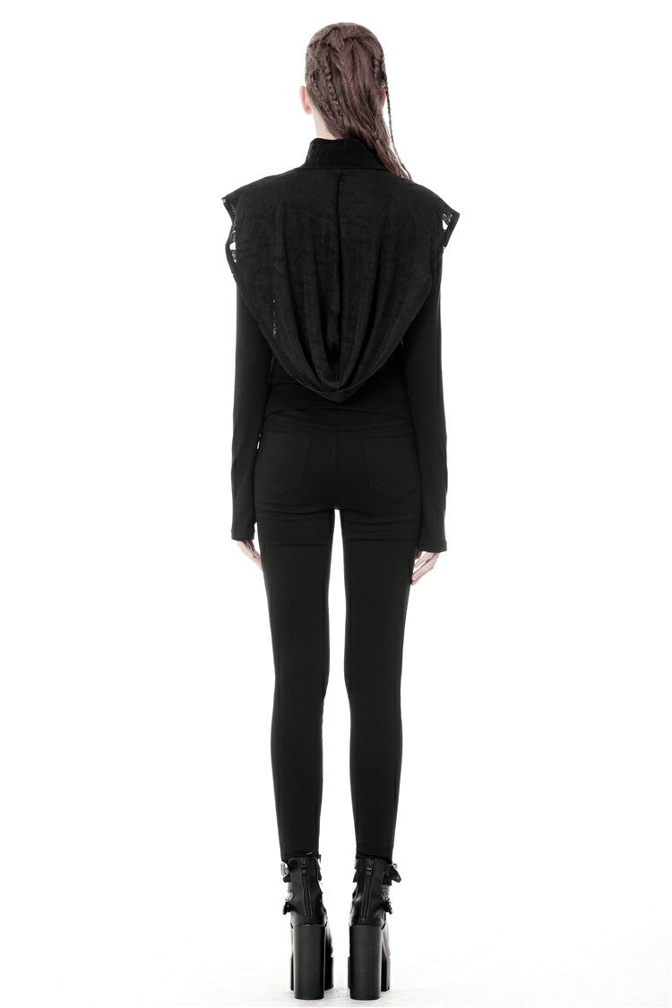 Black Women's Punk Long Sleeves Cut-Out Cross Connection Front Hooded Top - Product - 10