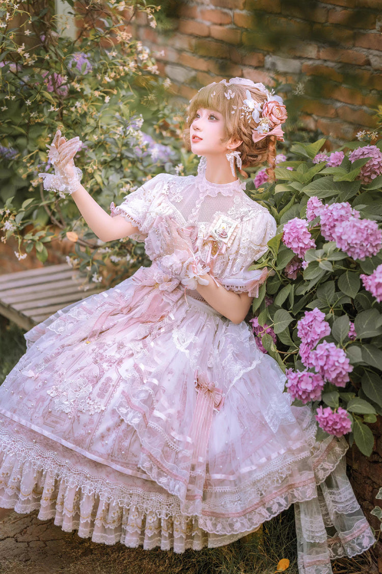 White/Pink [Realm of Sunset] Short Sleeves Printed Ruffled Hanayome Bow Lace Gorgeous Sweet Lolita Dress Set - Product - 7