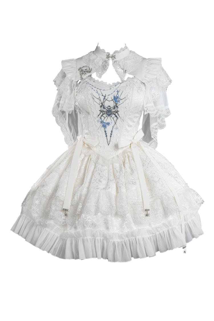 White Sleeveless Spider Embroidery Bowknot Lace Gothic Princess Lolita Skirt Two-piece Set - Product - 3
