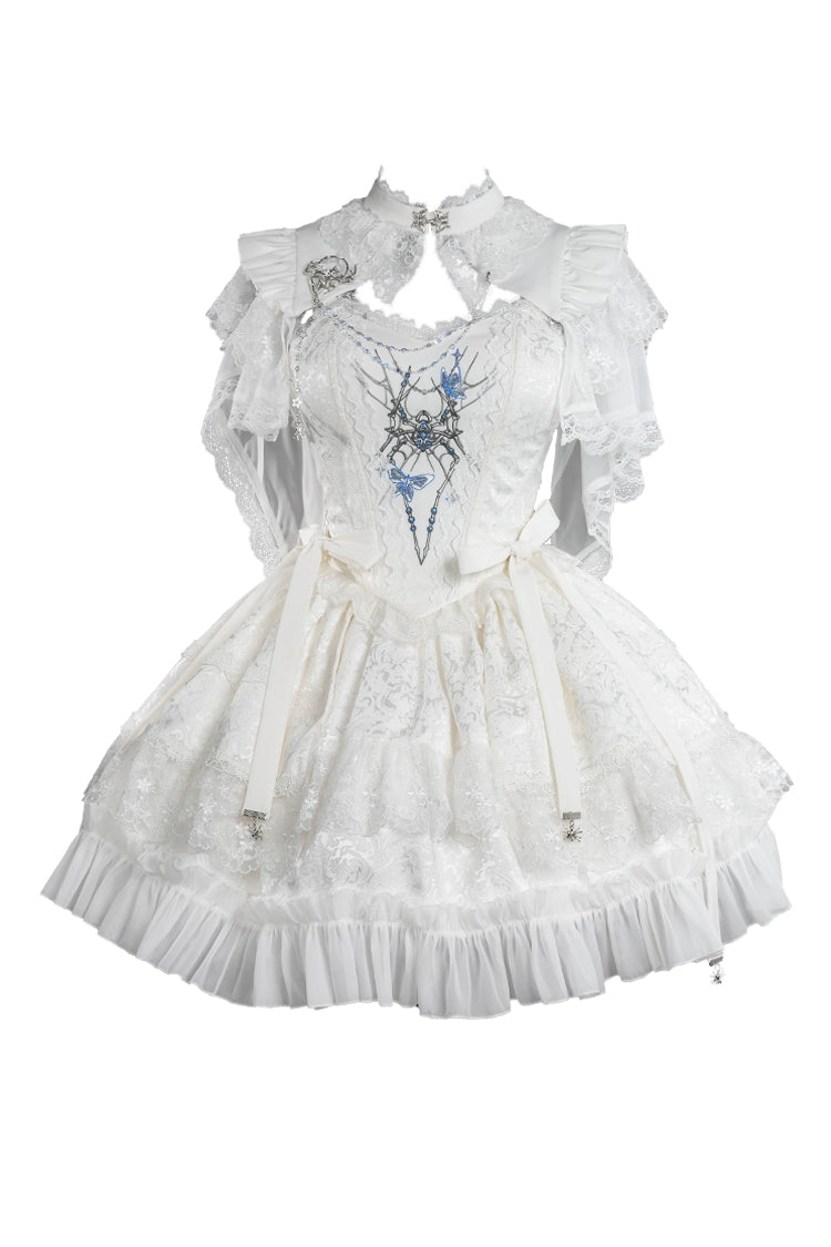 White Sleeveless Spider Embroidery Bowknot Lace Gothic Princess Lolita Skirt Two-piece Set - Product - 3