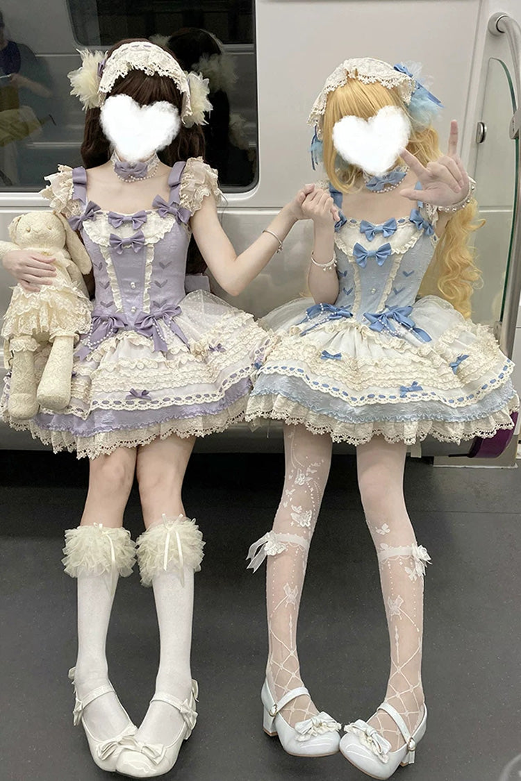 [Wind Chime Poem] Square Collar Flutter Sleeves Triple-Layered Printed Ruffled Bow Sweet Lolita Jsk Dress 4 Colors (Blue, Pink, Purple, Green) - Product - 10