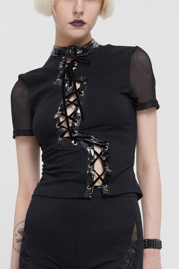 Black Punk Short Sleeve Irregular Drawstring Bright Leather Neckline Mesh Cuffs Women's T-Shirt - Black - 1