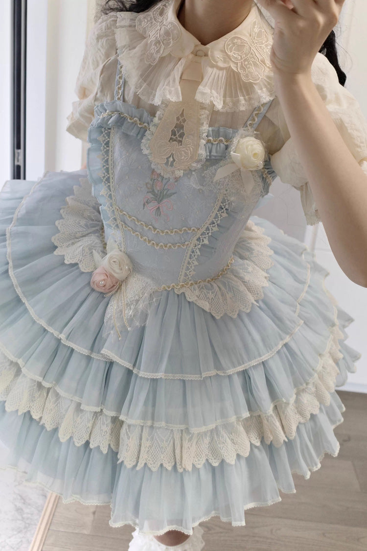 [Good Night, Tulip] Sleeveless Multi-Layered Ruffled Embroidered Lace Sweet Ballet Lolita Jsk Dress 2 Colors - Product - 10