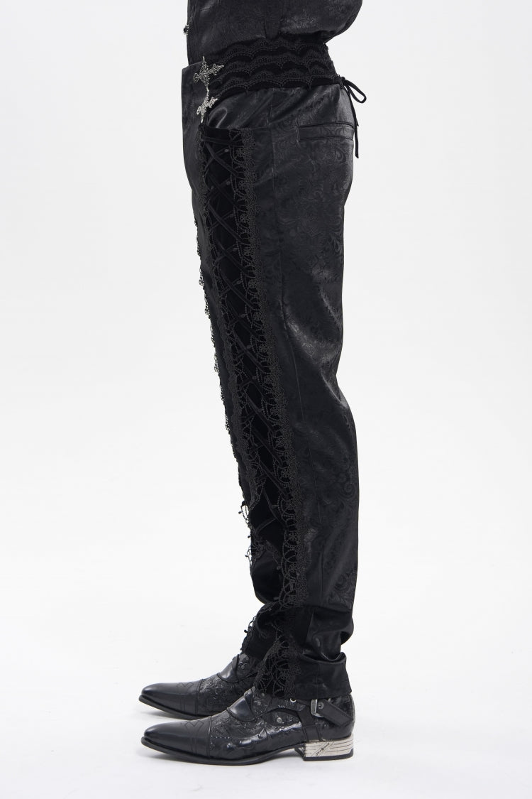 Black Printed Embroidered Spliced Lace-Up Men's Gothic Pants - Product - 4
