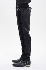 Black Printed Embroidered Spliced Lace-Up Men's Gothic Pants - Product - 4