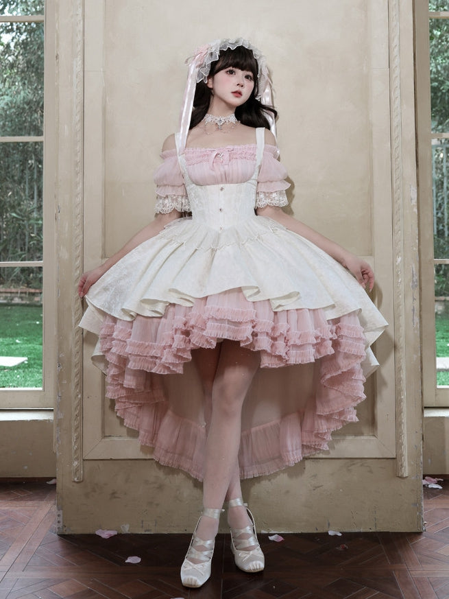 Pink & White Gothic Underbust JSK Dress and Off-Shoulder Blouse Set detail view 3