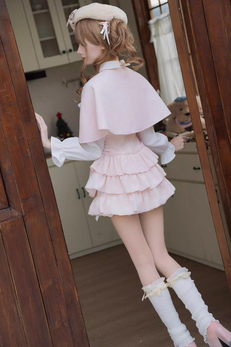 Pink [Cherry Blossom Snow] Lapel Collar Long Sleeves Triple-Layered Ruffled Bow Faux Two-Piece Sweet Lolita Dress - Product - 2