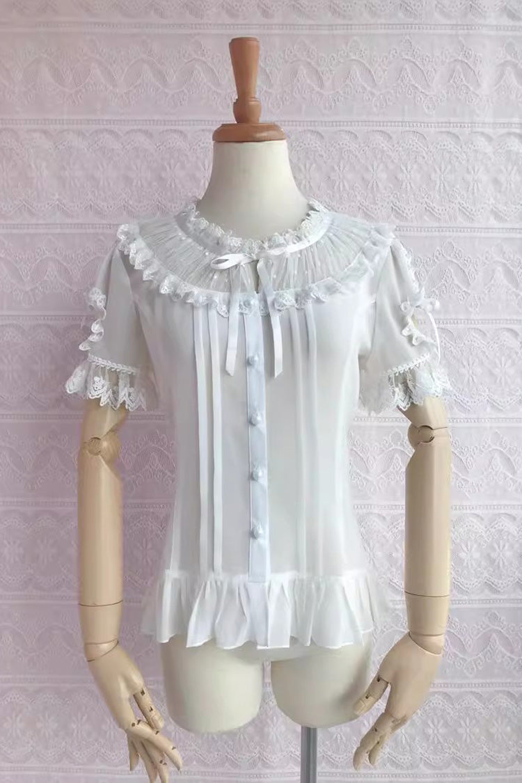 Round Collar Short Puff Sleeves Chiffon Lace Sweet Lolita Blouse 2 Colors - White - 1