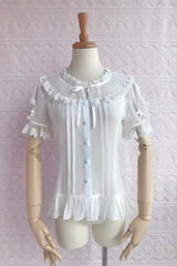 Round Collar Short Puff Sleeves Chiffon Lace Sweet Lolita Blouse 2 Colors - White - 1