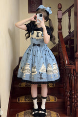 Blue Cake Bunny Print Bowknot Stitching Lace Sweet Lolita Jsk Dress - Product - 8