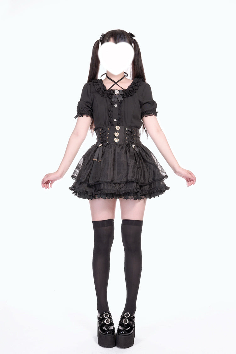 [Love Hanabi] Triple-Layered Bowknot Lace-Up Organza Sweet Jirai Kei Japanese Skirt 3 Colors - Product - 10