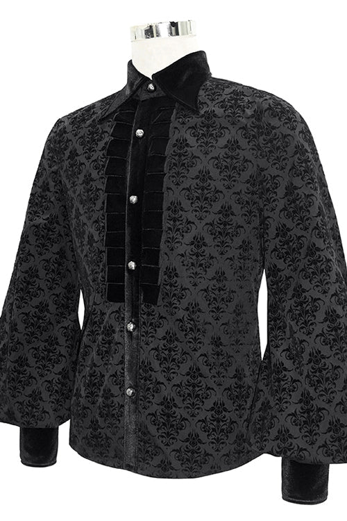 Black Court Pattern Flocking Lantern Sleeves Mens Gothic Blouse - Product - 5