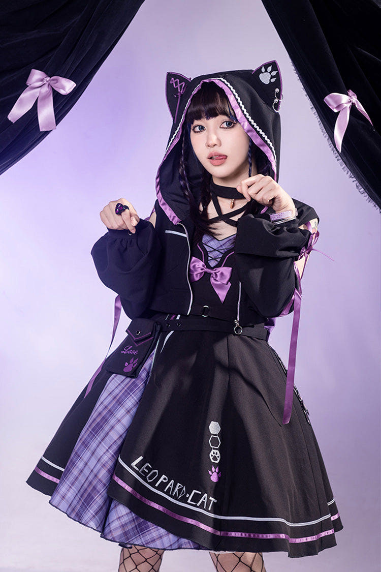Black/Purple Cat Paw Print Bowknot Gothic Lolita Jsk Dress Set - Black/Purple - 1