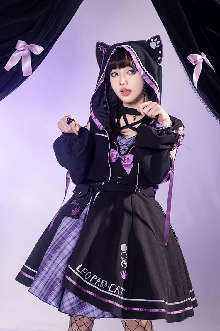 Black/Purple Cat Paw Print Bowknot Gothic Lolita Jsk Dress Set - Black/Purple - 1