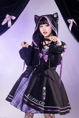 Black/Purple Cat Paw Print Bowknot Gothic Lolita Jsk Dress Set - Black/Purple - 1