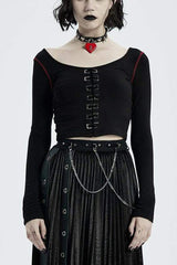 Black Round Collar Long Sleeve Front Metal Square Eyelets Decoration Short Tight Women's Punk T-Shirt - Black - 1