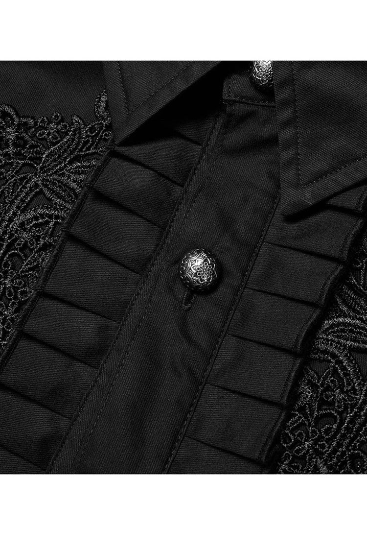 Black Gothic Delicate Decals Placket Pleated Ruffle Long Sleeve Men's Shirt - Product - 7