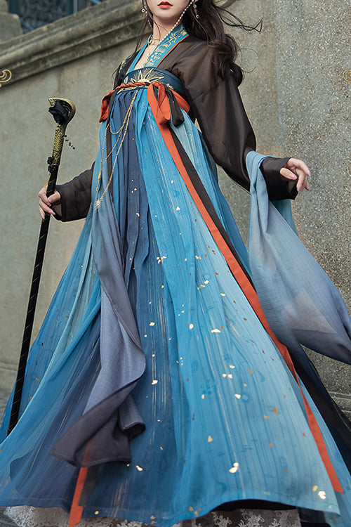 Black/Blue Hot Stamping Embroidered Ancient Flowy Classic Hanfu Dress Full Set - Black/Blue - 1