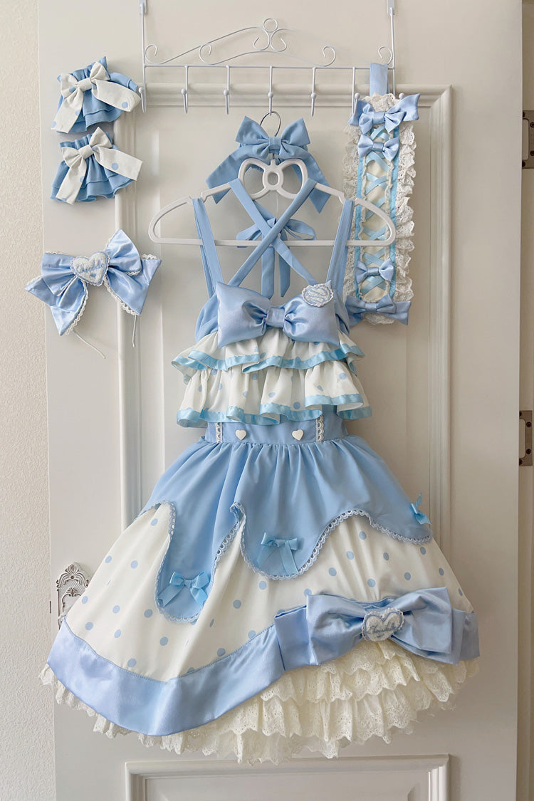 Blue Cream Multi-Layered Polka Dots Print Ruffle Bowknot Sweet Lolita Jsk Dress - Product - 3