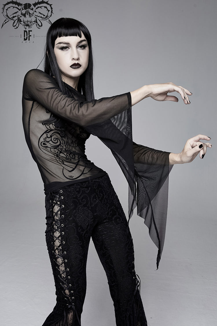 Black Mesh Horn Sleeve Snake Flocking Printed Women's Gothic Shirt - Product - 4