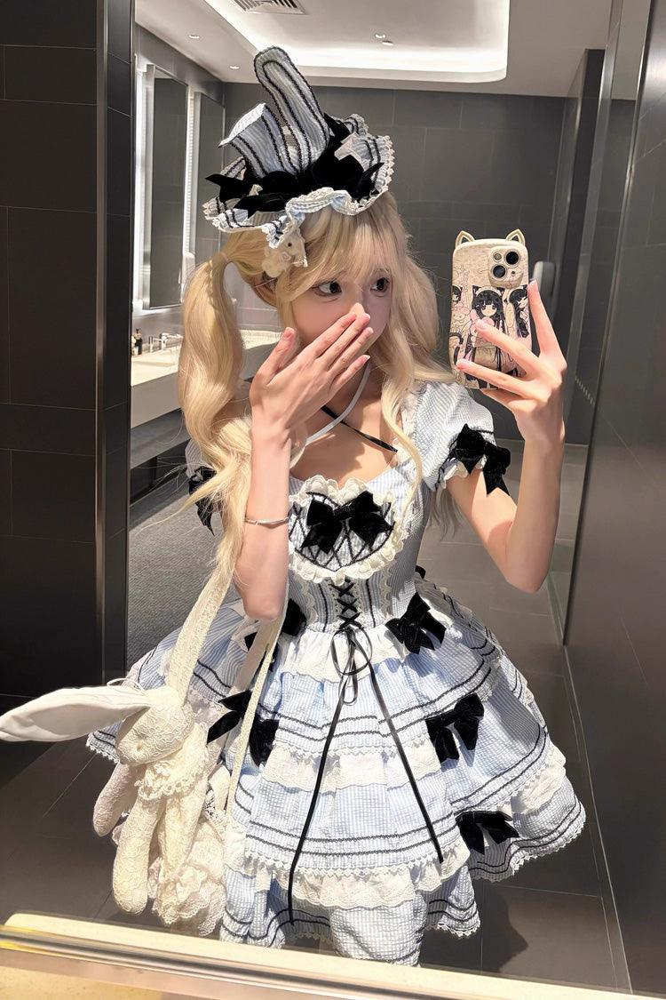 Triple-Layered Short Sleeves Vertical Stripes Print Ruffle Bowknot Lace-Up Sweet Lolita Jsk Dress 2 Colors - Product - 2