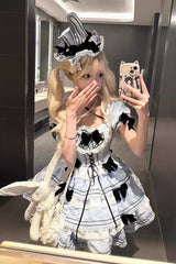 Triple-Layered Short Sleeves Vertical Stripes Print Ruffle Bowknot Lace-Up Sweet Lolita Jsk Dress 2 Colors - Product - 2