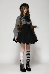 Black/White Skull Lace Jabot Striped Lapel Collar Long Sleeves Ruffled Women's Lolita Gothic Blouse - Product - 9
